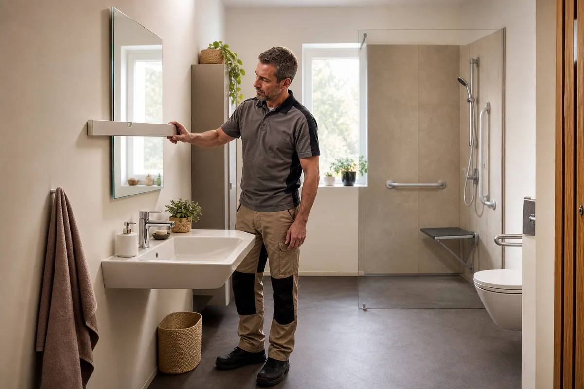 Installateur vérifiant la hauteur d’un miroir PMR au-dessus d’un lavabo accessible