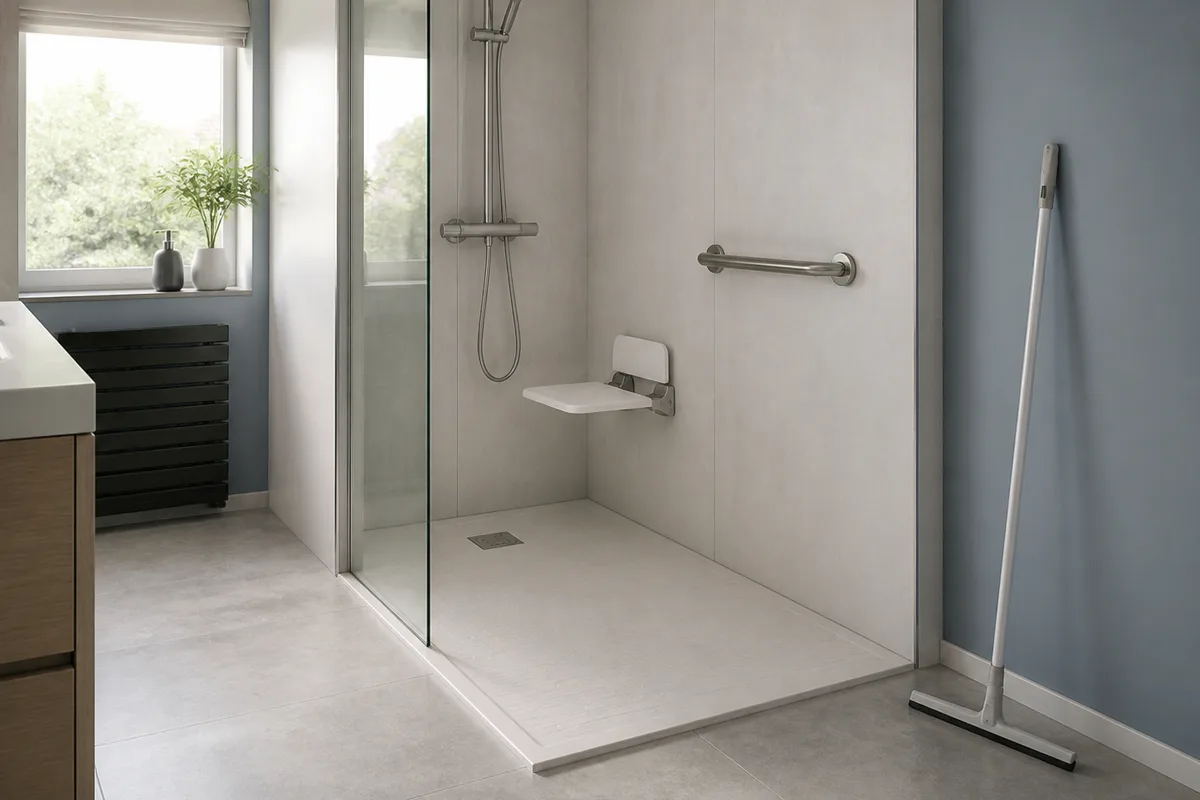 Douche senior de plain-pied propre avec siège rabattable, barre d’appui et raclette rangée hors de la zone humide