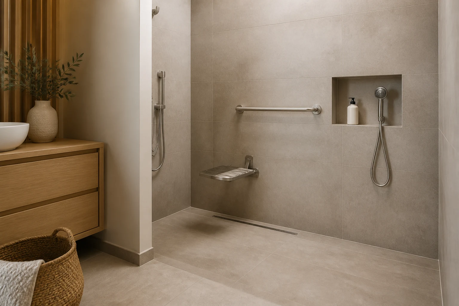 Niche de rangement encastrée à hauteur accessible dans une douche PMR avec siège rabattable