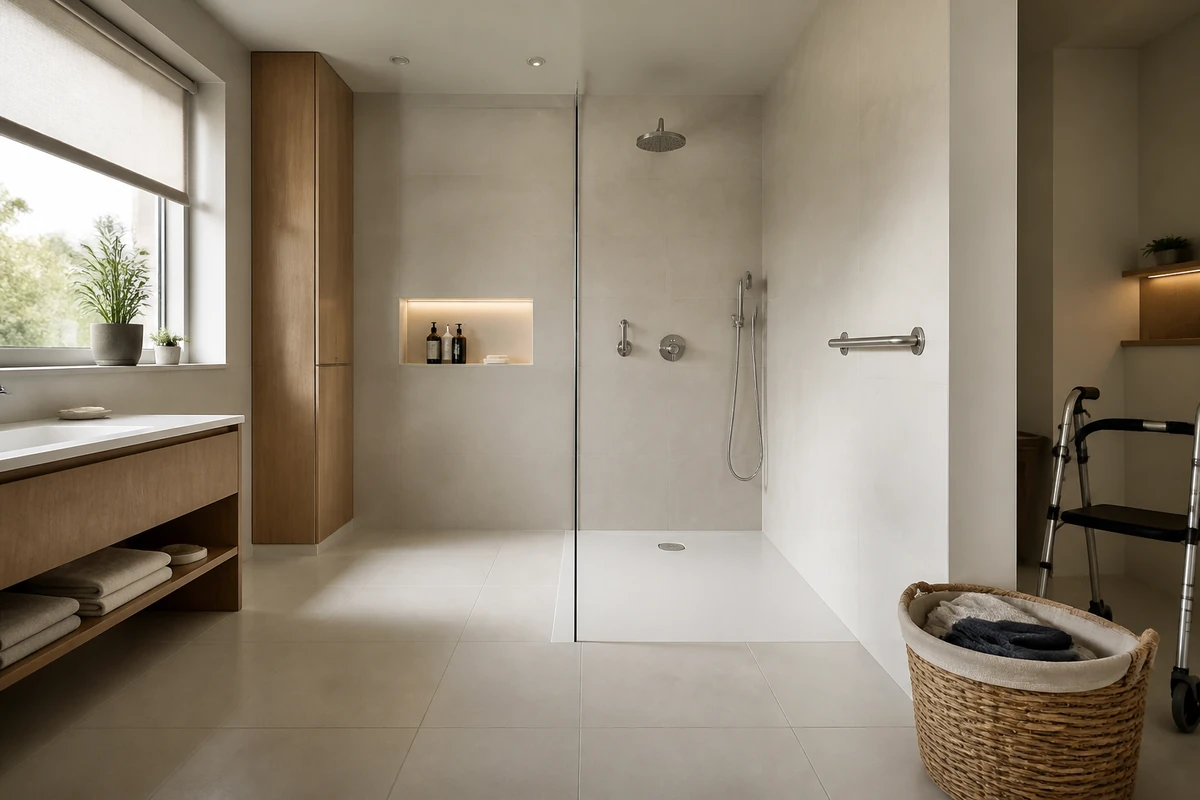 Salle de bains avec douche senior de plain-pied et passage dégagé, panier à linge rangé hors du trajet