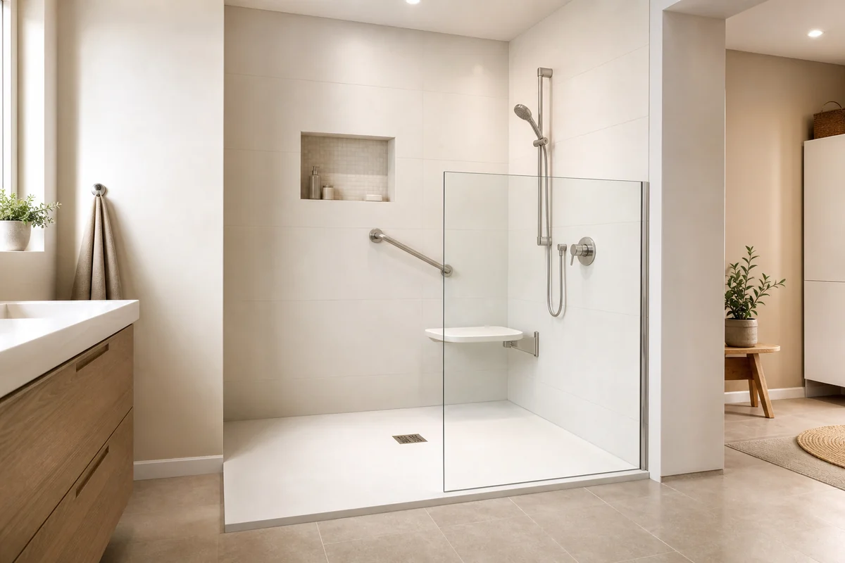 Paroi de douche senior avec passage dégagé et siège mural