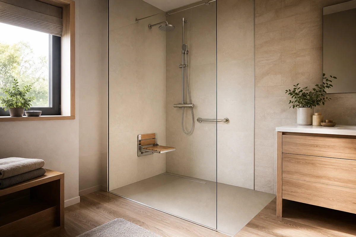 Douche senior de plain-pied avec une paroi fixe en verre et une entrée dégagée