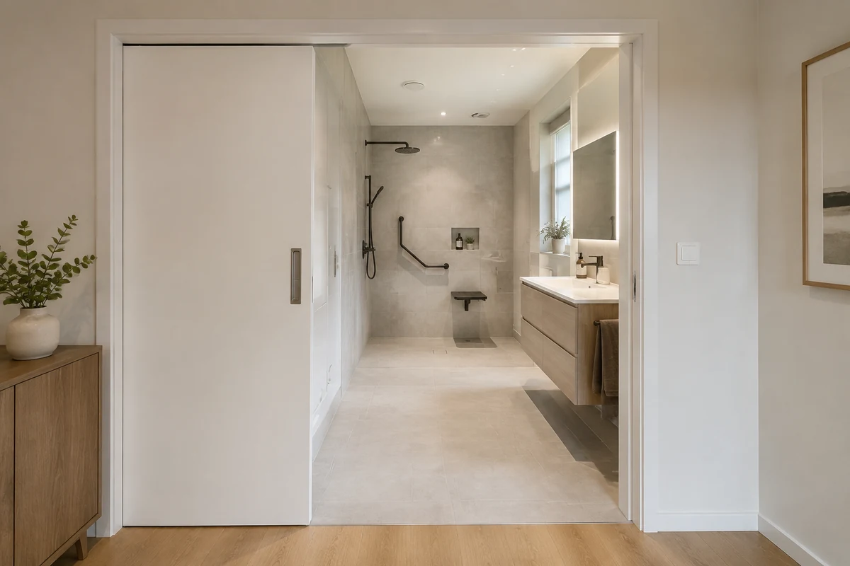 Porte coulissante ouverte dans une salle de bains PMR avec accès dégagé vers une douche de plain-pied