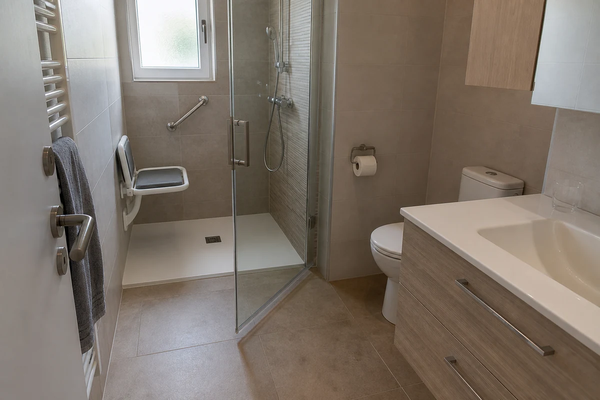 Porte vitrée ouverte réduisant le passage devant une douche PMR avec siège mural