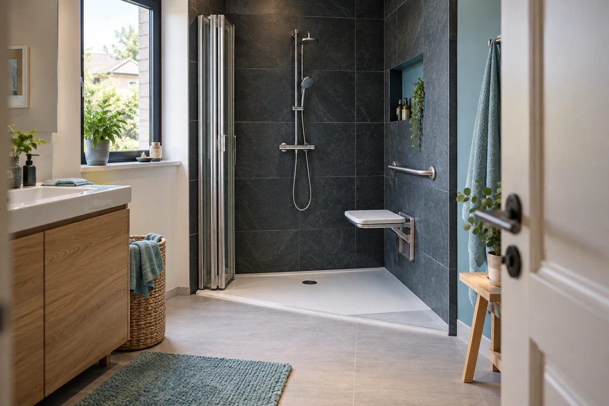 Porte pliante repliée contre le mur d’une douche PMR avec passage dégagé