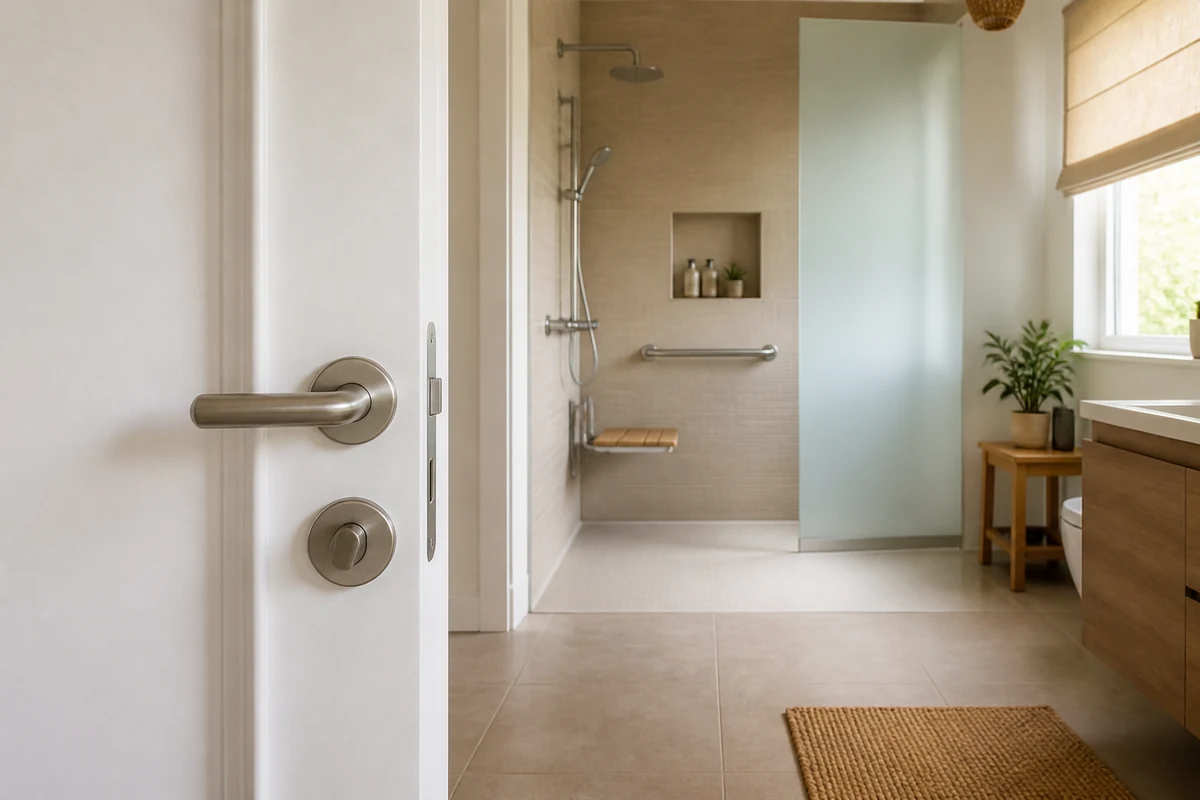 Porte entrouverte d’une salle de bains senior accessible avec poignée levier et douche de plain-pied visible