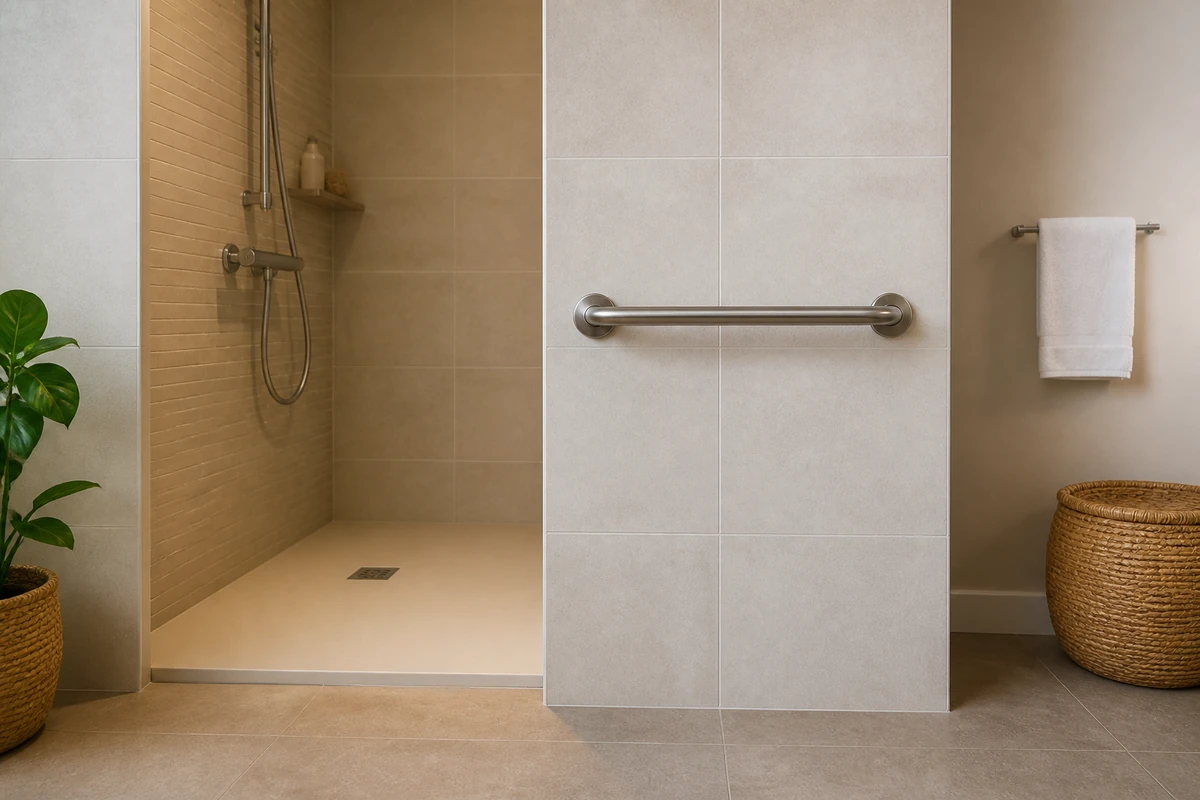 Barre d’appui robuste et porte-serviettes distincts à la sortie d’une douche senior de plain-pied
