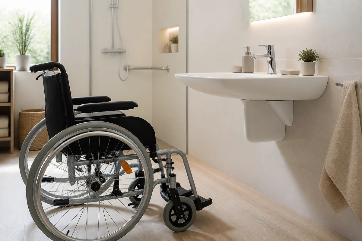 Fauteuil roulant placé devant un lavabo PMR mural avec siphon protégé et passage libre pour les genoux