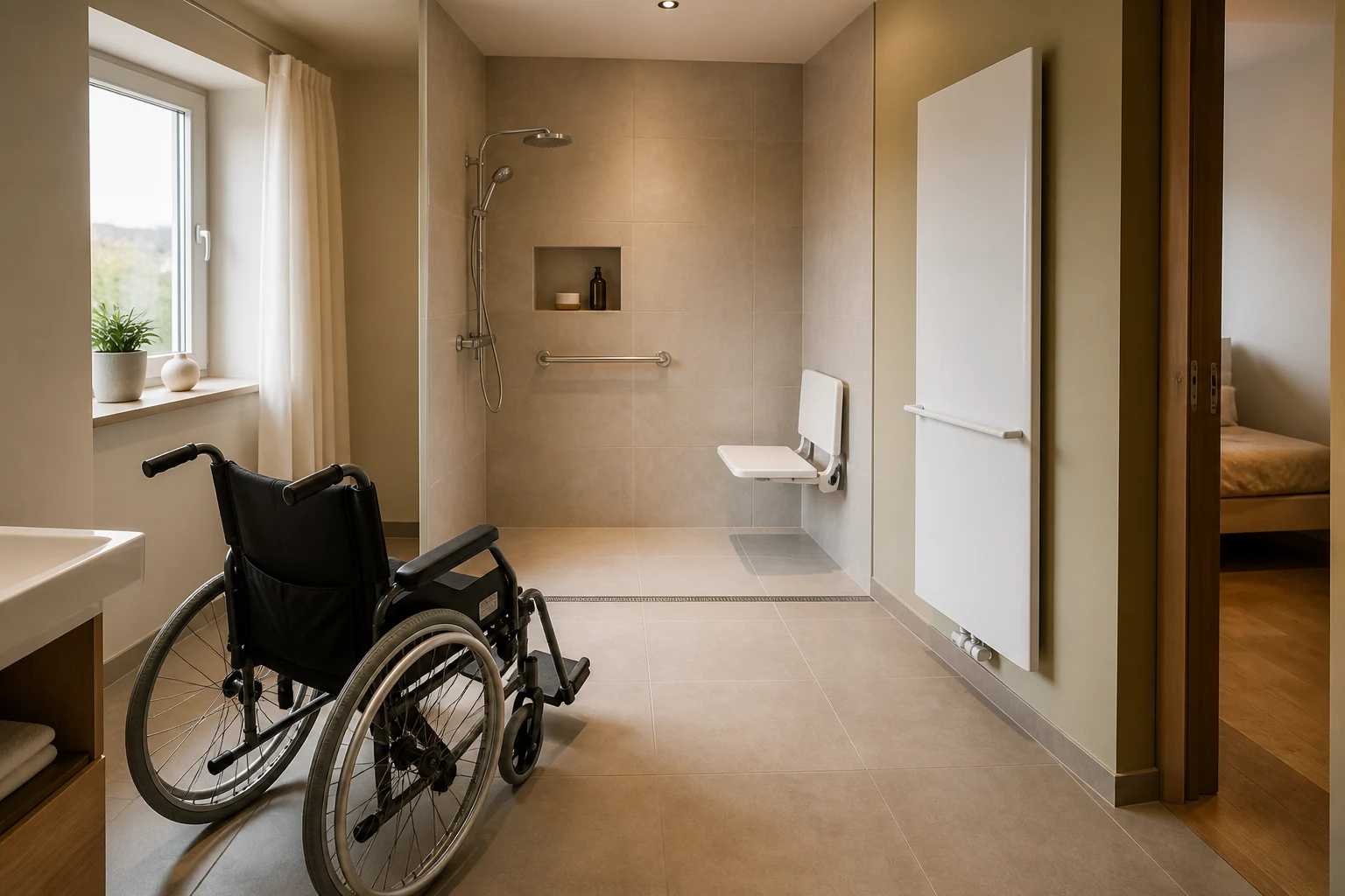 Salle de bains accessible avec radiateur mural dégagé et passage libre vers une douche PMR de plain-pied