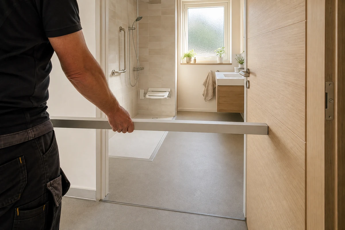Douche PMR de plain-pied avec receveur clair, sol antidérapant et accès dégagé