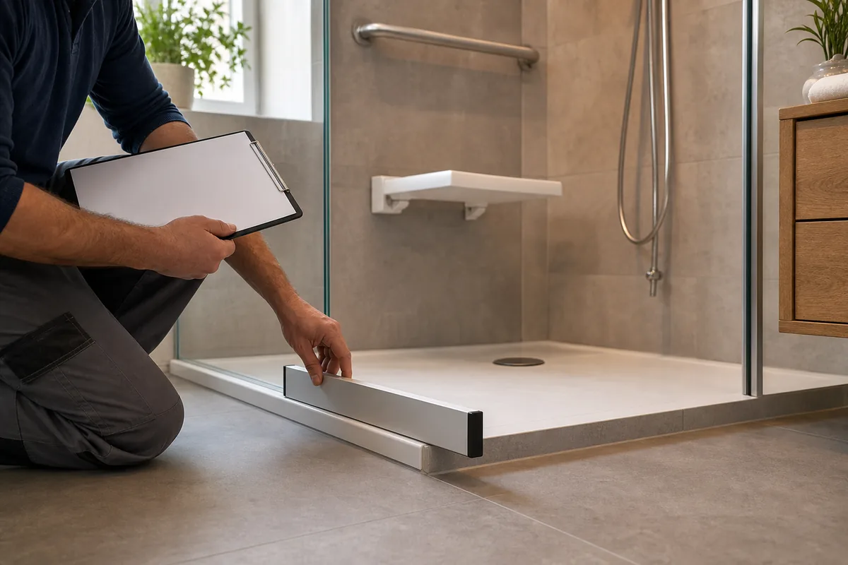 Installateur vérifiant le ressaut d’un receveur dans une douche PMR à domicile