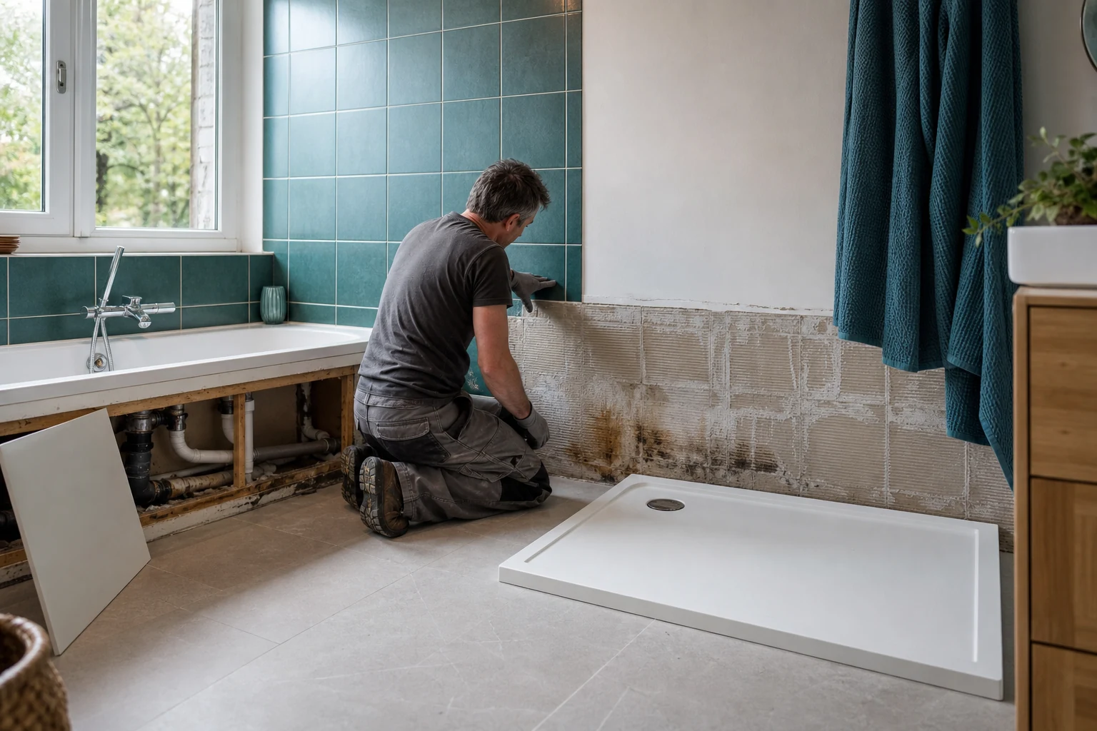 Installateur inspectant le mur derrière une baignoire retirée avant la pose d’une douche de plain-pied
