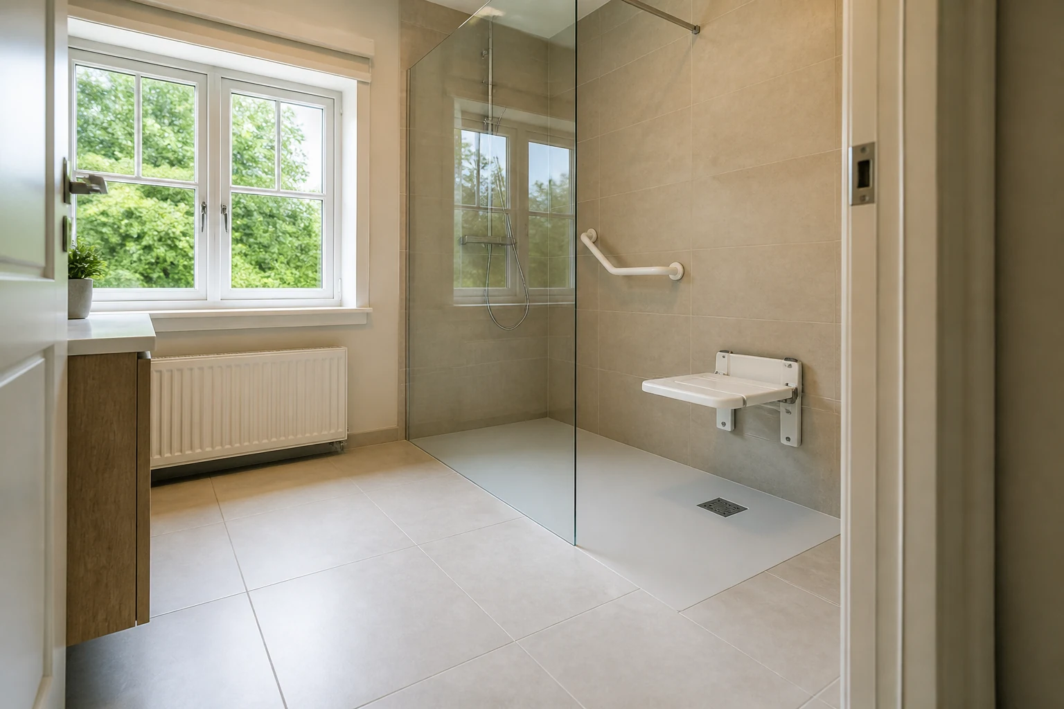Douche accessible de plain-pied installée à la place d’une baignoire dans une salle de bain belge