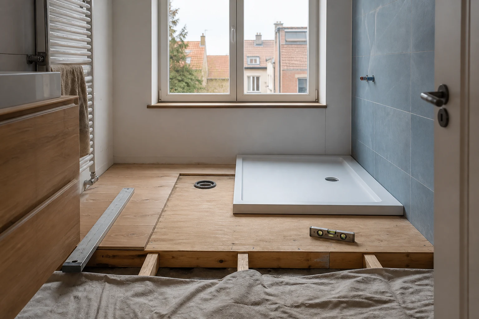 Receveur de douche posé à blanc sur un plancher renforcé lors d’une rénovation de salle de bains