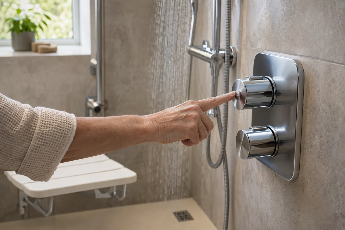 Main touchant un repère tactile sur le mitigeur d’une douche senior de plain-pied avec siège rabattable