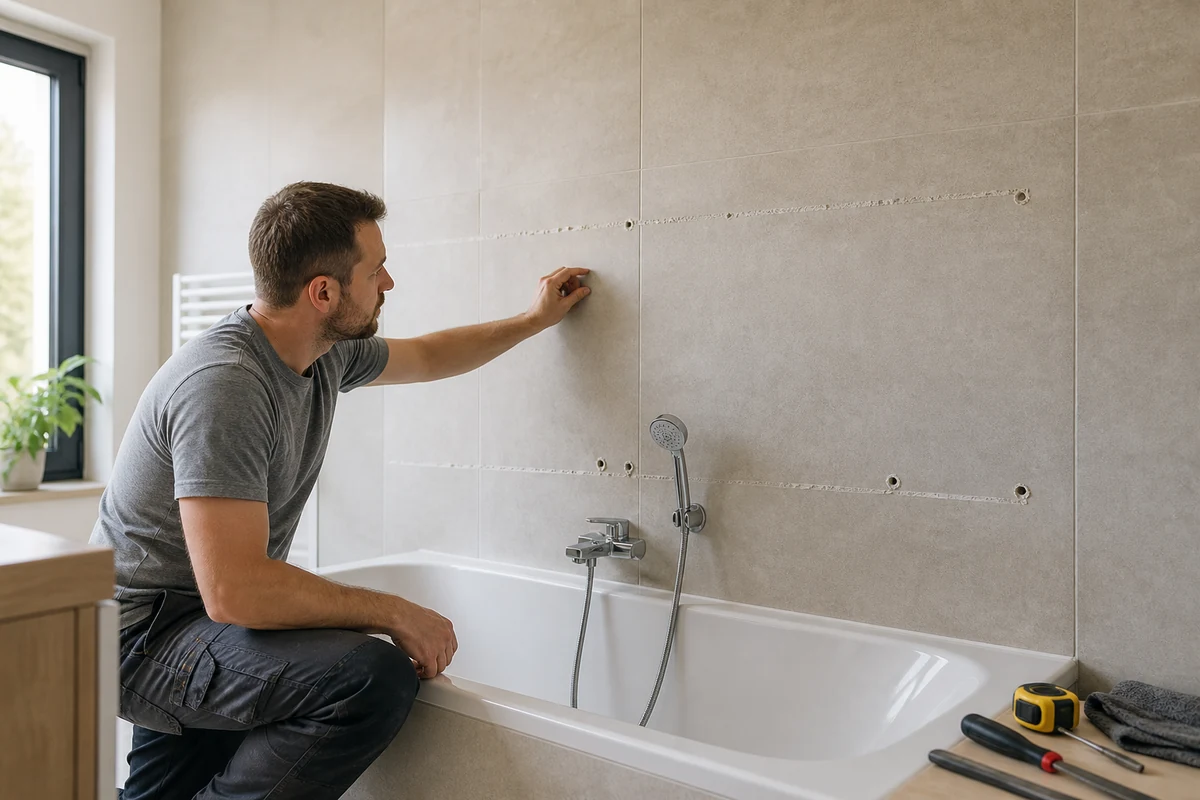 Installateur contrôlant les anciennes fixations d’un pare-baignoire sur un mur carrelé avant le remplacement par une douche senior