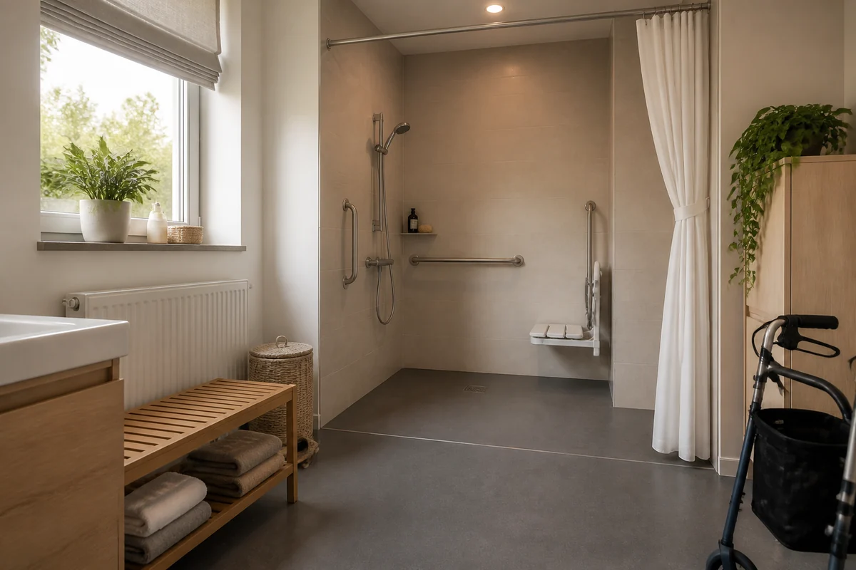 Rideau de douche PMR ouvert pour laisser un passage dégagé à l’aidant