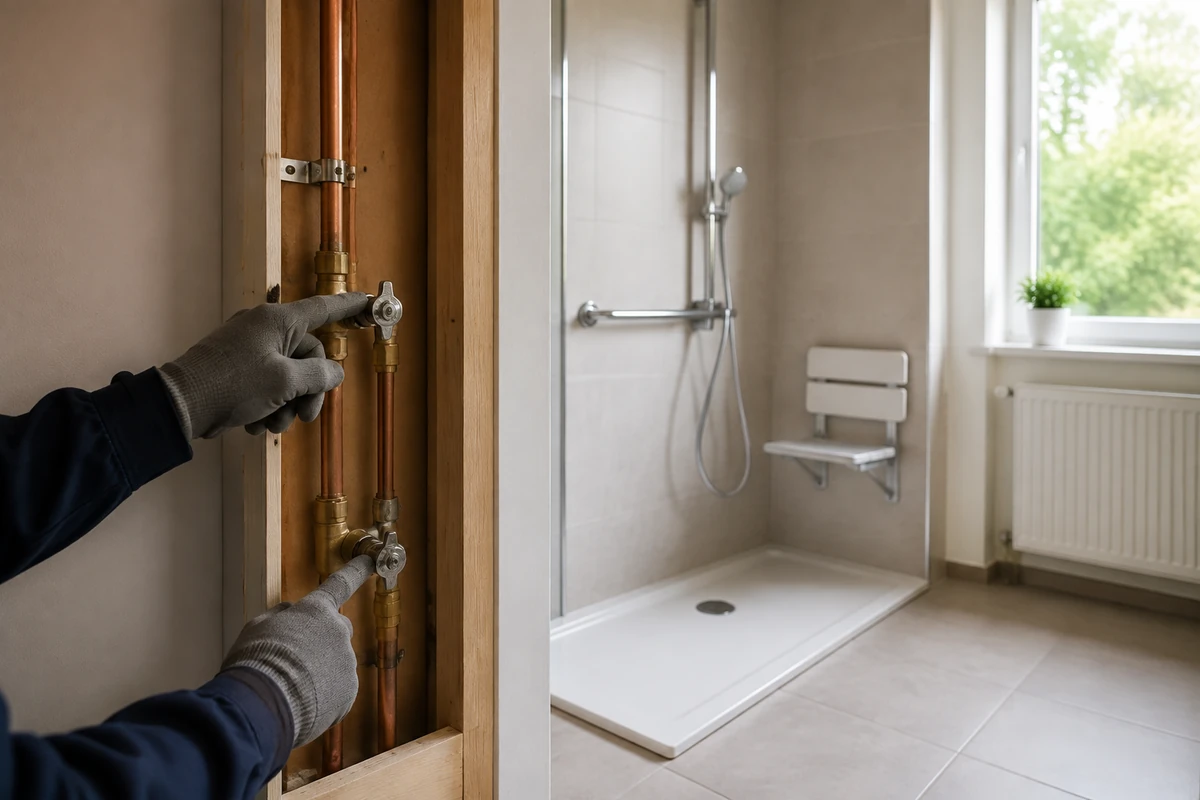 Robinet d’arrêt accessible près d’une douche senior de plain-pied en cours d’installation
