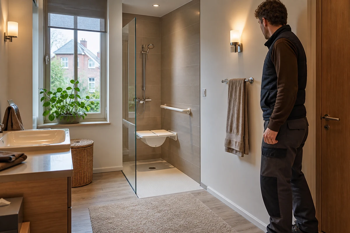 Installateur vérifiant l’éclairage de sortie dans une salle de bain PMR privée