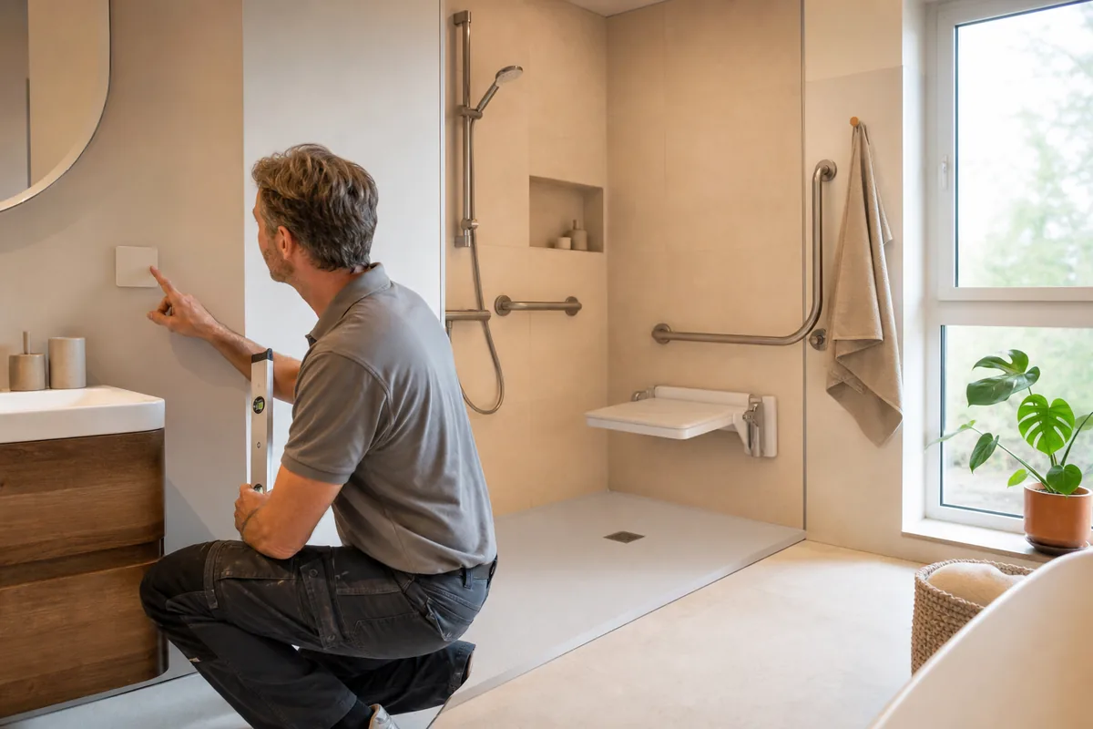 Installateur vérifiant les commandes à portée dans une salle de bain PMR privée