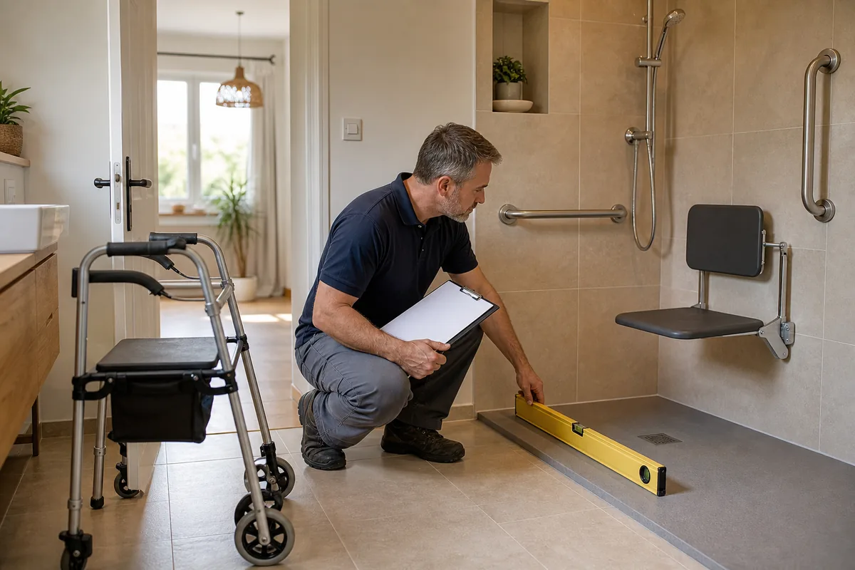 Installateur vérifiant le passage dans une salle de bain PMR à domicile