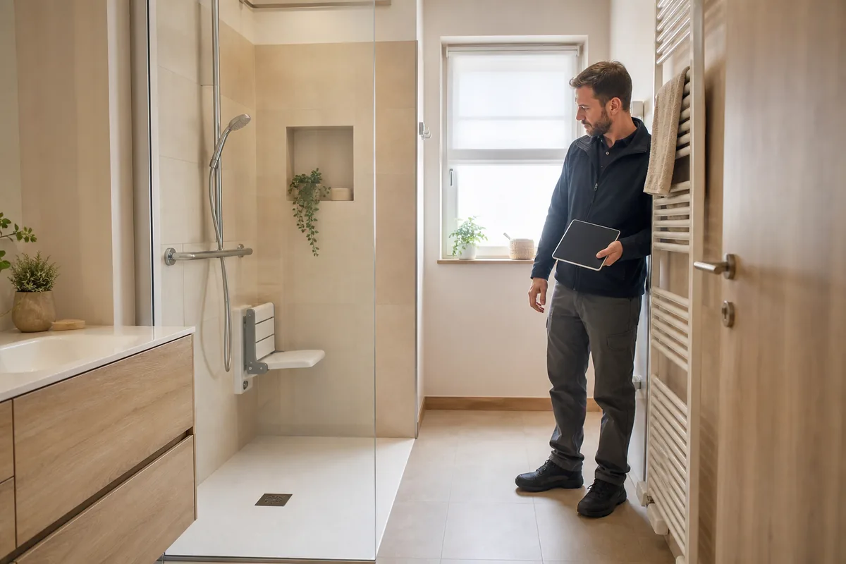 Installateur vérifiant le passage dans une salle de bain PMR avec douche de plain-pied