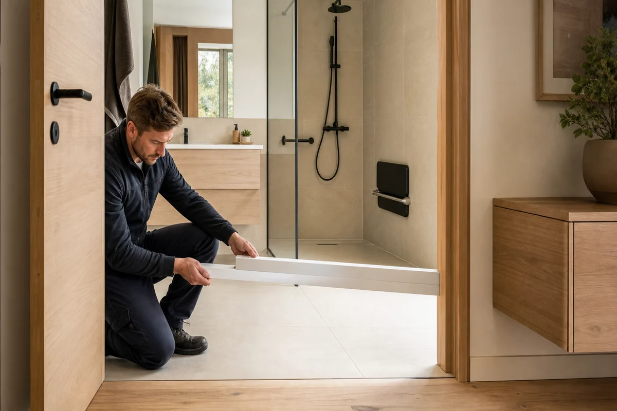 Installateur vérifiant le passage d’une porte vers une salle de bain PMR