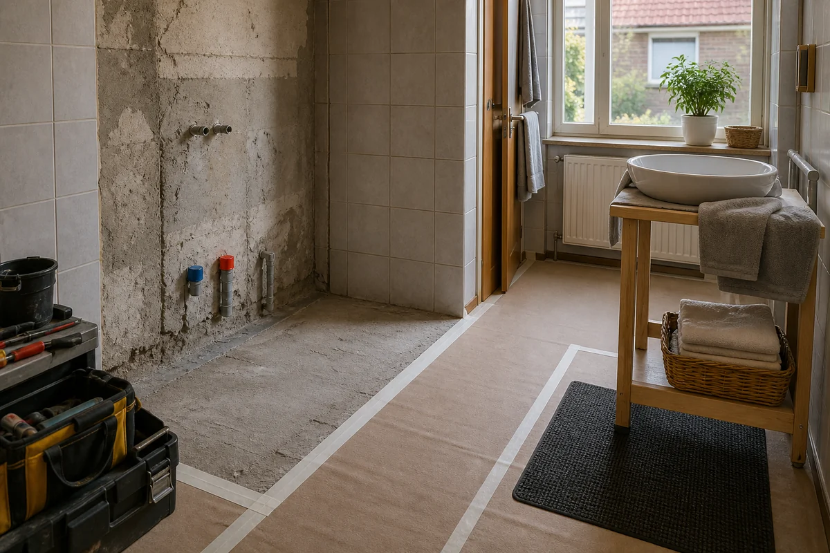 Salle de bain en travaux après la dépose d’une baignoire avec un passage protégé et une solution temporaire pour se laver