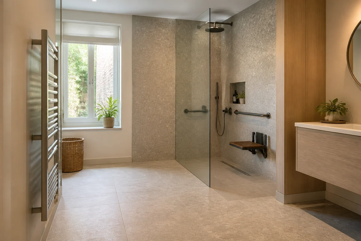 Salle de bain privée avec douche PMR et sèche-serviettes laissant une sortie dégagée