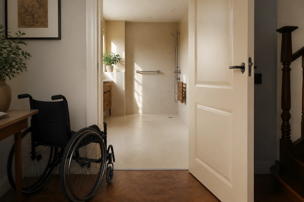 Fauteuil roulant devant une salle de bain accessible avec un passage de porte sans seuil