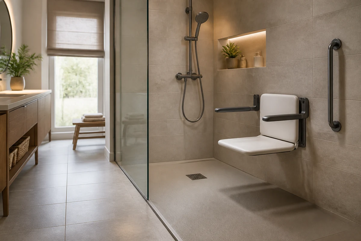 Siège de douche PMR rabattable avec accoudoirs relevés et accès latéral dégagé dans une salle de bains privée