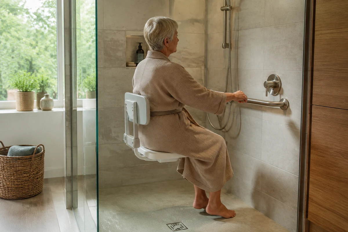 Personne assise sur un siège de douche PMR mural avec dossier dans une salle de bains accessible