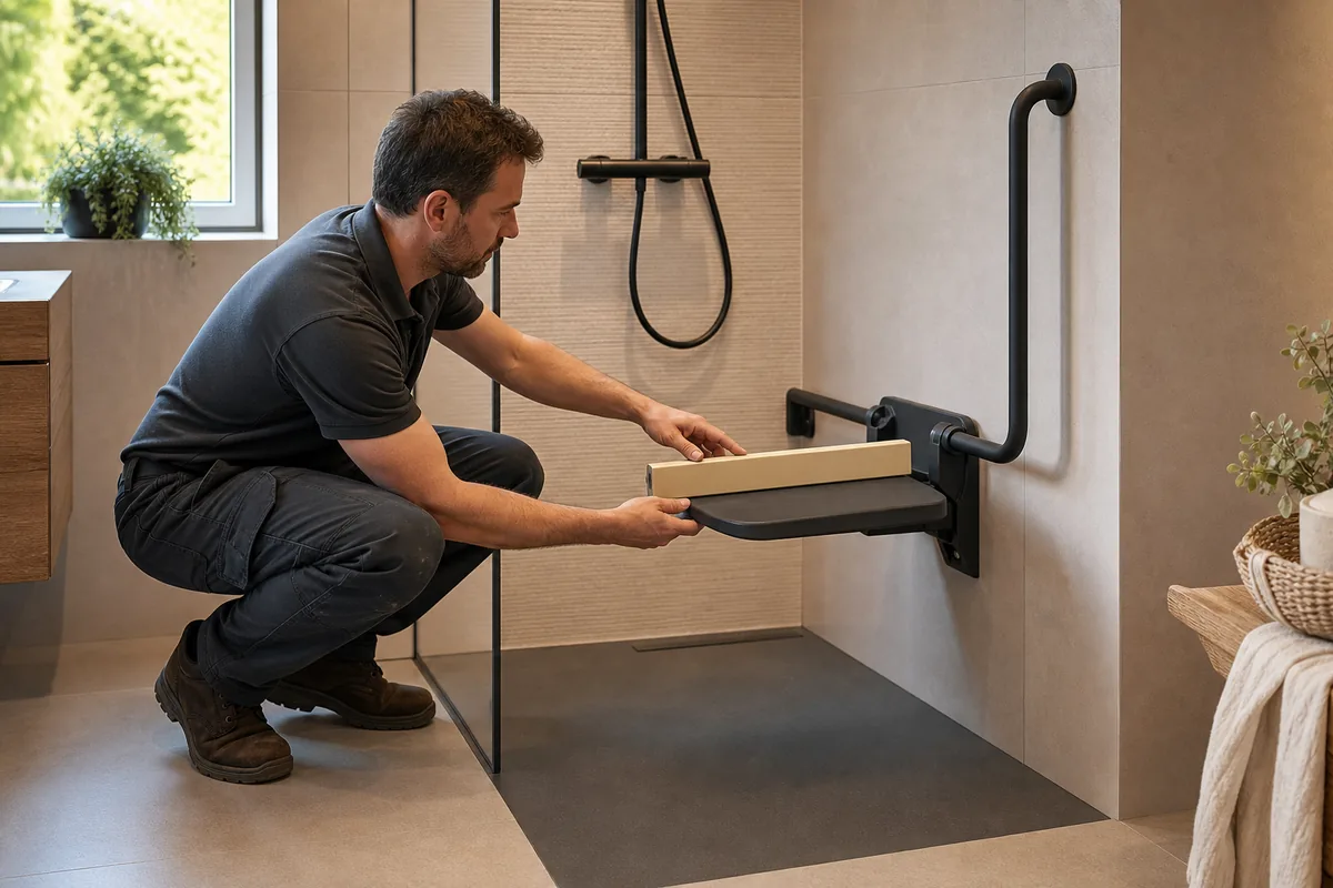 Installateur vérifiant la hauteur d’un siège dans une douche PMR à domicile