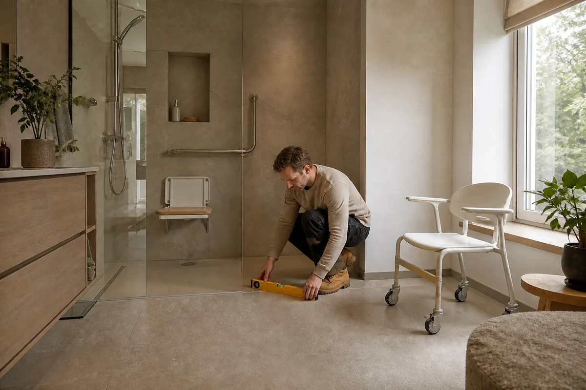 Installateur comparant un siège mural et une chaise mobile dans une douche PMR à domicile