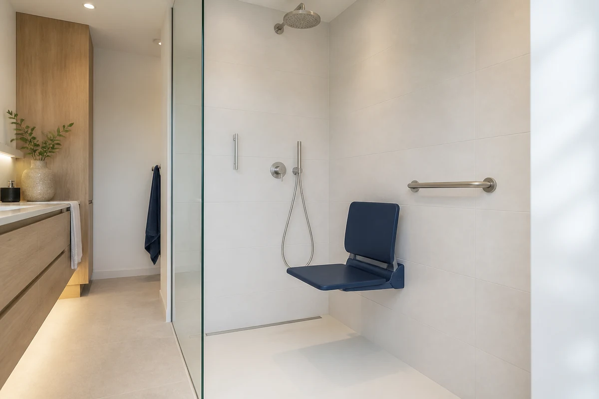 Siège de douche rabattable bleu nuit bien visible sur un mur clair dans une douche senior de plain-pied