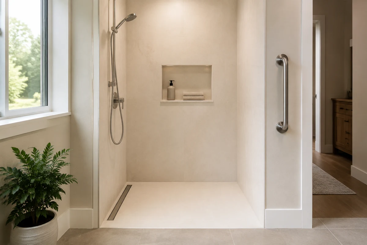 Douche senior de plain-pied avec tablette de rangement encastrée et barre d’appui distincte