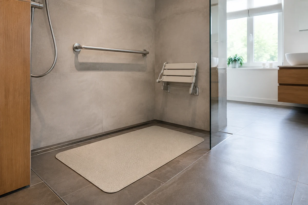 Tapis antidérapant posé à plat dans une douche senior de plain-pied