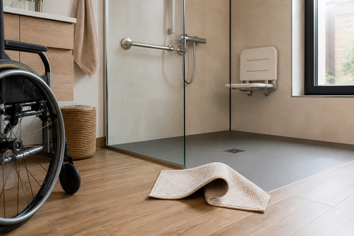 Tapis de bain replié devant une douche PMR avec un fauteuil roulant à proximité