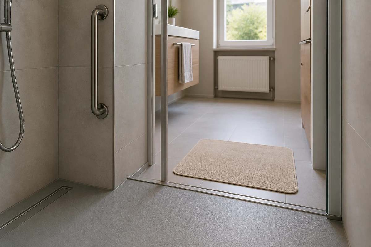 Tapis de bain posé à plat devant une douche senior à seuil bas avec barre d’appui