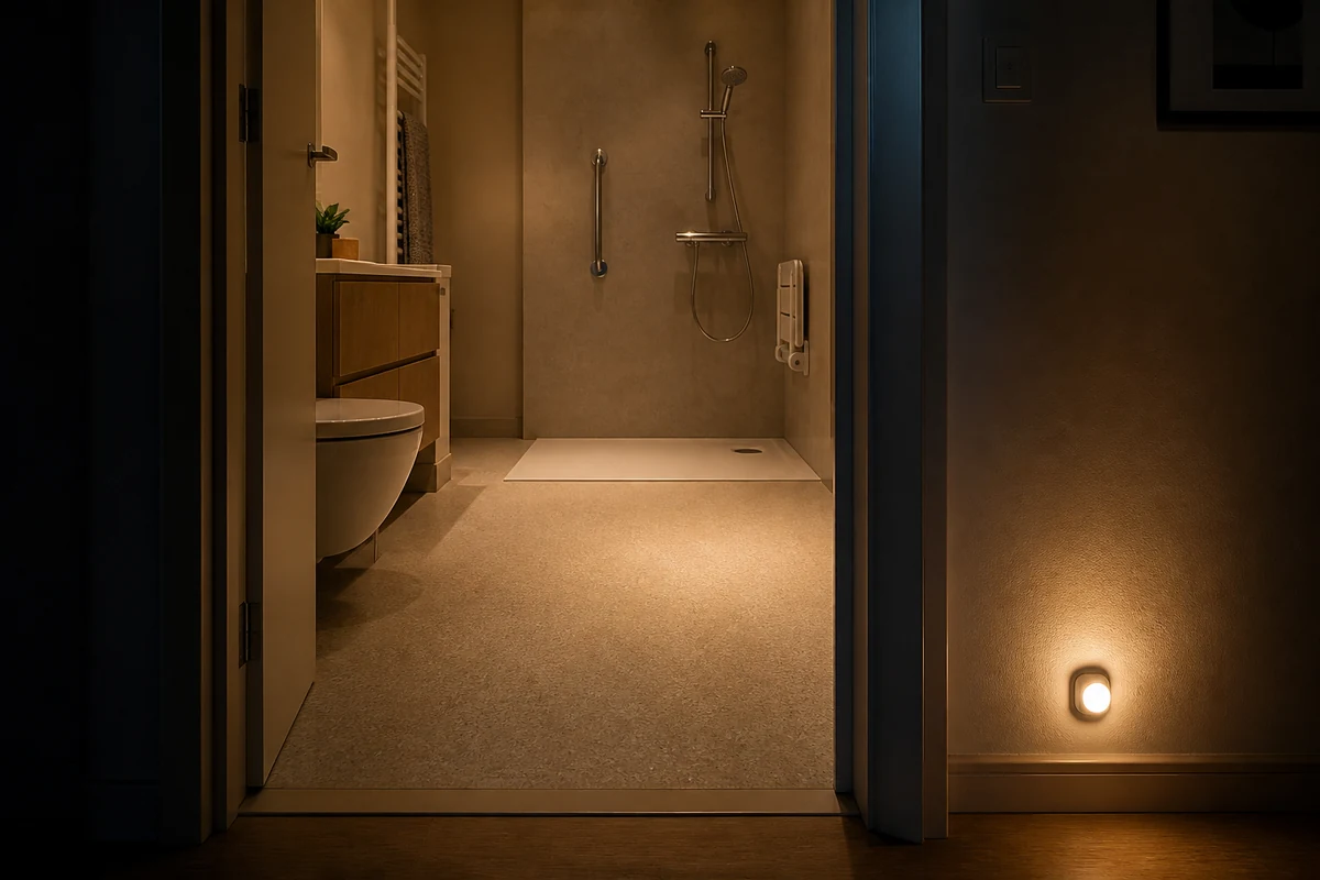Salle de bains senior avec douche de plain-pied et lumière nocturne basse qui éclaire le passage