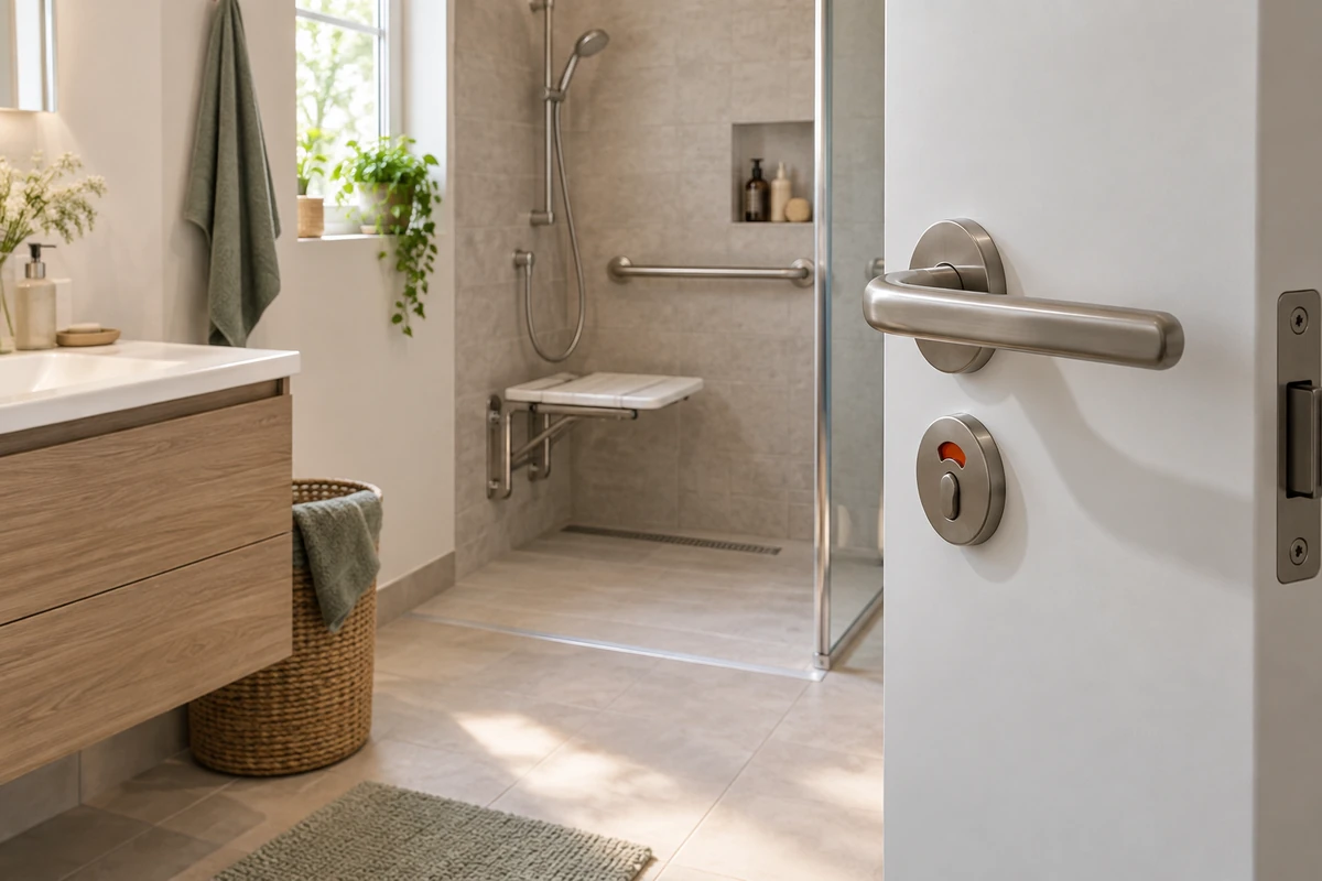 Porte de salle de bains PMR avec poignée levier et verrou accessible devant une douche de plain-pied