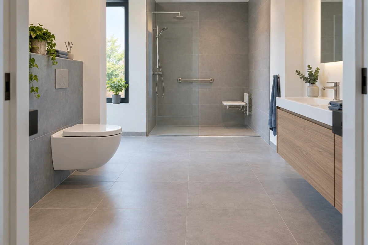 WC suspendu et passage dégagé vers une douche PMR dans une salle de bains accessible